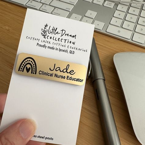 Personalised Gold metallic look lightweight  name badges. Laser engraved and customised using a choice of fonts and cute motifs based on your personality or profession. Easy to order and a proof is sent for approval. Cute Motifs, Personalised Badges, Metallic Look, Name Badges, Pin Badges, Laser Engraved, Laser Engraving, Gold Metal, Custom Made