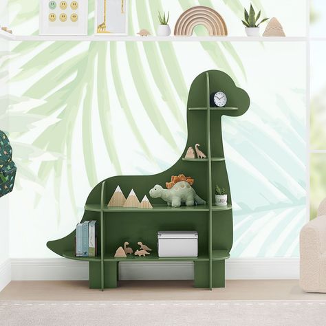 DINOSAUR BOOKCASE | Delta Children Dinosaur Bookcase, Green, 41.25"L x 30.5"W x 5"H Dinosaur Shelf, Dino Room, Dino Nursery, Dinosaur Room Decor, Modern Playroom, Dinosaur Room, Green Dinosaur, Toddler Boys Room, Dinosaur Nursery