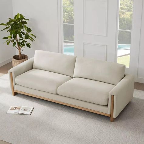 The original wood's warm, natural hue traces a harmonious H-shape, masterfully outlining the sofa's silhouette. Its clean lines, astutely juxtaposed with gentle curves, skillfully defy rigidity, offering a visual harmony that is nothing short of captivating. Fixed solid Ash wood base features a natural finish. Pillowy-soft cushions are padded with a soft blend of fiber and sterilized feathers. All cushions are loose and reversible with zip-off covers. Cushions can be easily fluffed to maintai... Upholstered Sofa, Upholstered Furniture, Ash Wood, Galaxy Wallpaper, Sofa Set, Feathers, Ash, Cushions, Sofa