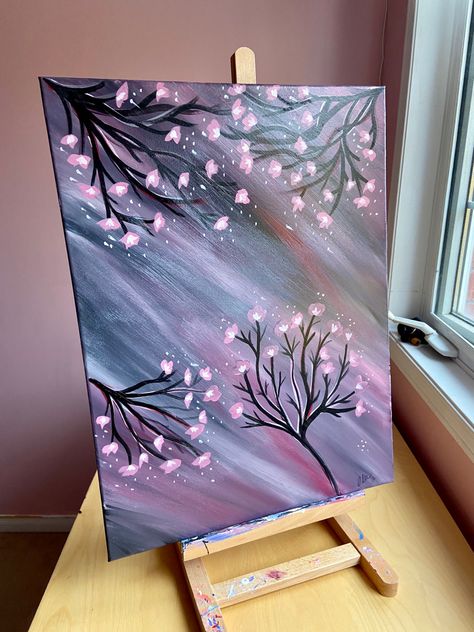 Cherry blossom trees on a pink and grey background. Acrylic painting made by myself, can be found @AuracleTreasures on Etsy! 🫶🏻 Pink And Grey Background, Background Acrylic Painting, Cherry Blossom Painting Acrylic, Colourful Background, Blossom Painting, Brampton Ontario, Whimsical Art Paintings, Cherry Blossom Painting, Acrylic Art Projects