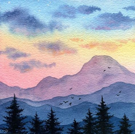 Digital Watercolor Landscape, Landscape Paintings With Water Colours, Watercolor Scenery Nature, Watercolor Art Nature Simple, Watercolor Landscape Paintings Mountains, Easy Forest Watercolor, Mountain Drawing Watercolor, Watercolor Colorado Mountains, Paint Scenery Easy