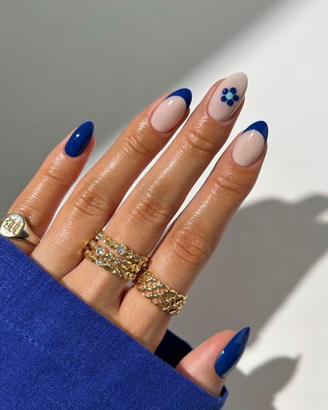 You can never go wrong with a simple design in Santorini blue 💙🪬🧿✨ ring from @luvaj 🫶 #nails #nailinspo #nailart #summernails #greecenails #naildesign #simplenails #easynails Floral Blue Nails, Santorini Nails, Basic Nail Ideas, Greece Nails, Everyday Nails, Basic Nail, Nailinspo Nailart, Blue French Tips, Latest Nail Designs