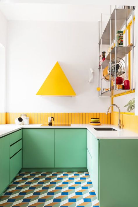 2023 Picture, Italy 2023, Small Kitchen Design, Colorful Apartment, Green Sink, Italian Architecture, Green Cabinets, Kitchen Trends, House Kitchen