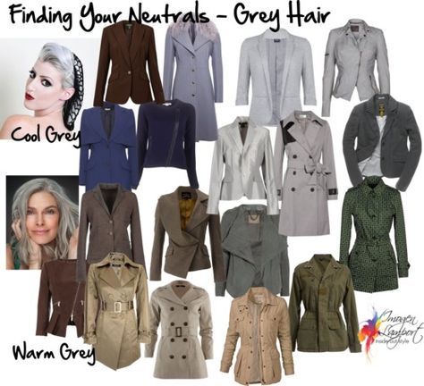 What's your best neutral if you have gray hair? These are some good options based on your skin tone temperature. But it does happen that someone with a warm skin tone turns steely gray too, and then the fun begins! Inside Out Style, Salt And Pepper Hair, Warm Skin Tone, Winter Typ, Cool Winter, Color Me Beautiful, Wardrobe Planning, Super Hair, Dark Outfits