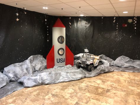 Diy Moon Rover, Space Theme Stage Decorations, Space Prom Decorations, Outer Space Stage Design, Space Backdrop Party, Outer Space Backdrop, Vbs Rocket Ship, Outer Space Set Design, Outer Space Decoration