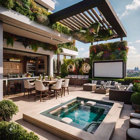 Rooftop Deck With Pool, Luxury Outdoor Living Space, Pool Bar Design, Rooftop Patio Design, Backyard Seating Area, Dream Patio, Rattan Patio Furniture, Dream Apartment Decor, Apartment Terrace