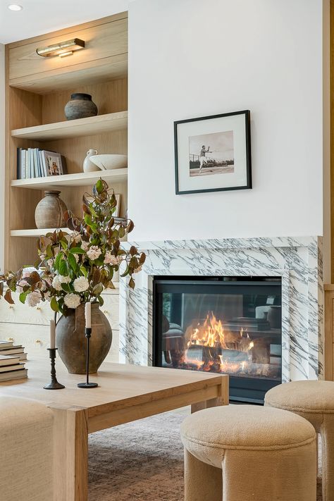 SELECTED WORK Built In Modern Fireplace, Fireplace In Foyer Entryway, East Coast Cottage Interiors, Cabinets On Each Side Of Fireplace, Built In On One Side Of Fireplace, Modern Fireplace With Built Ins On Both Sides, Modern Built In Fireplace, Living Room Fireplace Built Ins, Fireplace Under Stairs