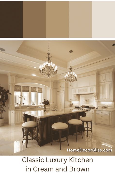 Classic Luxury Kitchen Concept in Cream and Brown Classic Luxury Kitchen, Luxurious Chandeliers, Kitchen Concept, Classic Kitchen Design, Marble Flooring, Wallpaper Walls Decor, Classic Kitchen, Kitchen Concepts, Cabinetry Design