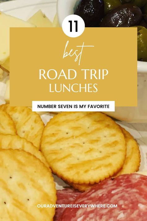 Lunch On The Road Ideas, Road Trip Snack Ideas For Adults, Road Trip Packed Lunch, Packable Food For Travel, Meals For Road Trips Traveling, Lunch Ideas On The Road, Homemade Snacks For Road Trip, Travel Dinner Ideas Road Trips, Easy Road Trip Lunches