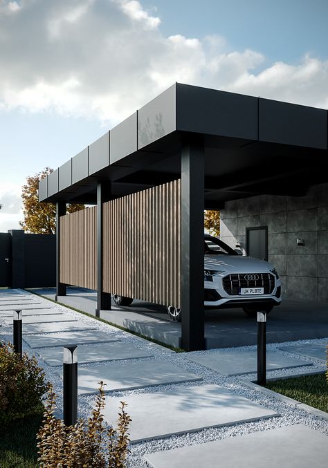 Exterior of a private house in Kiev on Behance Car Porch Design, Modern Carport, Carport Designs, Modern Garage, Modern House Facades, Private House, Bloxburg House Ideas, Garage Design, Exterior House