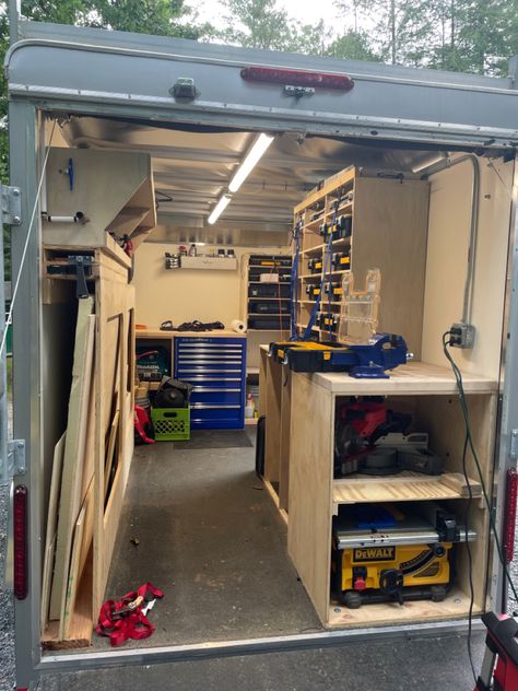 Workvan Storage, Trailer Tool Storage Ideas, Work Trailer Organization, Tool Trailer Ideas, Work Trailer Organization Ideas, Construction Trailer Setup, Contractor Trailer Organization, Tool Trailer Organization, Enclosed Trailer Ideas