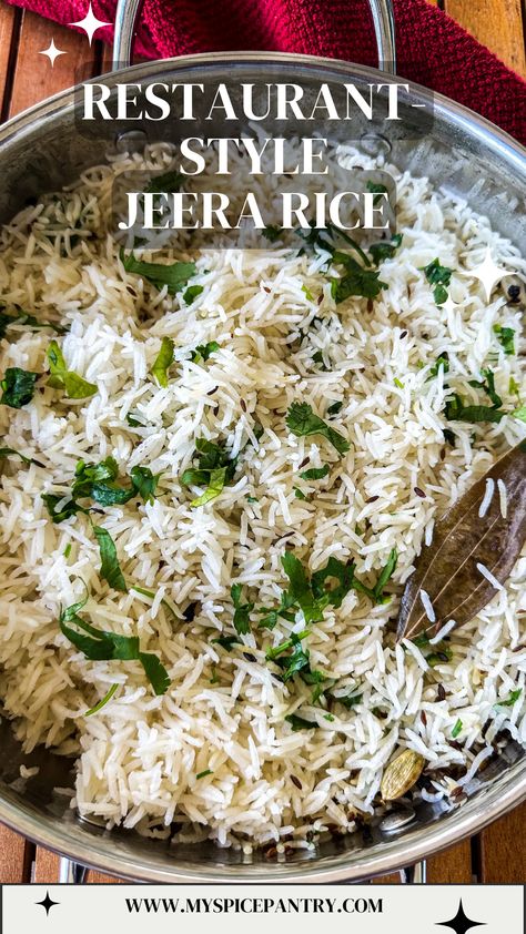 A full-proof Jeera rice recipe, perfect for any side dish! I love how this replicates the Jeera Rice from Indian Takeout. Rice For Indian Food, Jira Rice Recipes, Rice Recipes Indian, Jeera Rice Recipe, Spice Pantry, Indian Takeout, Church Recipes, Jasmine Rice Recipes, Indian Side Dishes