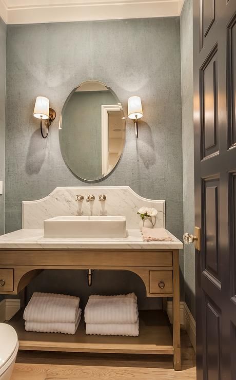 Powder Bathroom Design, Beveled Bathroom Mirror, Curved Vanity, Vanity Backsplash, Powder Bathroom, Powder Room Design, Transitional Bathroom, Downstairs Bathroom, Upstairs Bathrooms