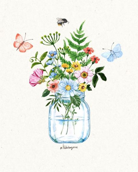 Wild Flowers Bouquet Drawing, Wild Flower Bouquet Painting, Cute Flower Bouquets Drawings, Flowers In A Jar Painting, Flowers In Mason Jars Drawing, Flower Bouquet Drawing Watercolor Print, Summer Flowers Illustration, Summer Flower Illustration, Mason Jar Watercolor