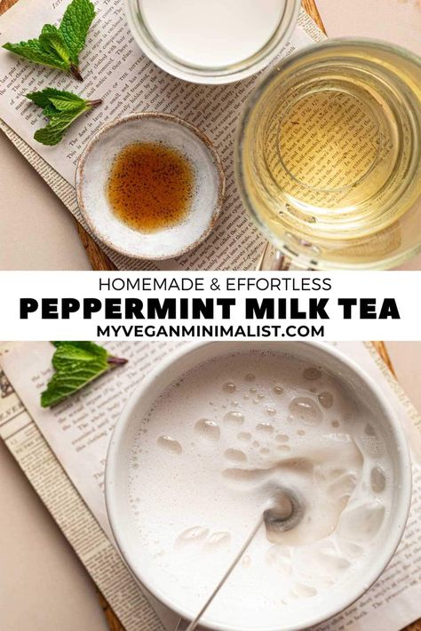 This peppermint milk tea melds the silkiness of oat milk with invigorating mint flavors. It's the perfect hot tea for a cold day and the ultimate drink during the holiday season.  The gently refreshing peppermint provides a light refreshment before, during, or after work or study. It's a great wake-up beverage with all the benefits of coffee but none of the caffeine. Plus, this recipe is so versatile. It can be served hot or cold & enjoyed with a variety of toppings. Tea For A Cold, Fresh Mint Tea, Benefits Of Coffee, Peppermint Syrup, Matcha Ice Cream, Vegan Dark Chocolate, Coffee Benefits, Festive Drinks, Coconut Whipped Cream