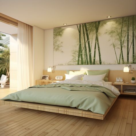 Green Zen Bedroom, Green And Bamboo Bedroom, Caribbean Room Ideas, Bamboo Bedroom Ideas, Japan Style Bedroom, Relaxing Bedroom Ideas Zen, Zen Style Bedroom, Asian Zen Interior Design, Japanese Dining Room