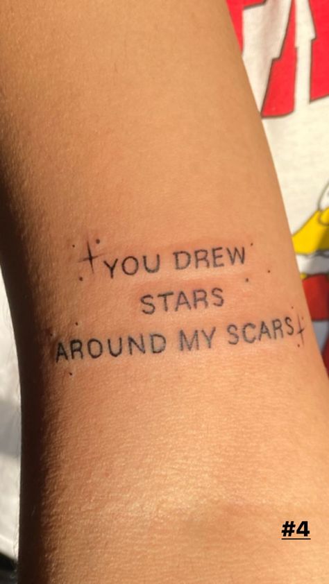 Tattoo Over Self Scar, You Draw A Star Around My Scar, Tattoos That Cover Scars, Vibey Tattoos, Tattoo Covering Scars, Stars Around Scars, Tattoos On Scars, Tattoo On Scar, Tattoo Ideas For Scars