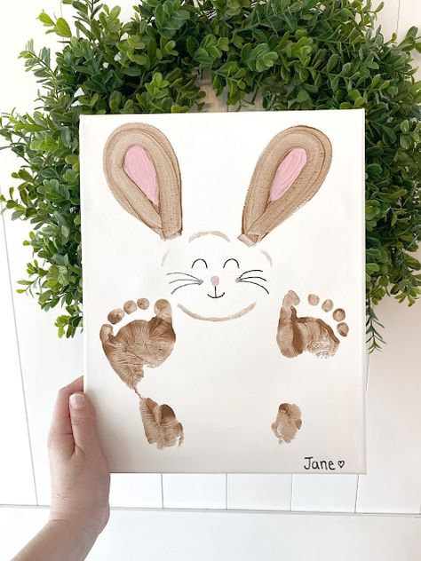 Easter Baby Craft Ideas, Easter Foot Print Ideas, Bunny Feet Painting, Easter Kids Painting Ideas, Bunny Fingerprint Art, Easter Kid Painting, Foot Print Bunny Crafts, Feet Painting For Kids, Baby Easter Canvas