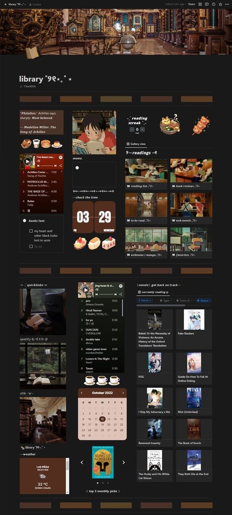 first attempt on making a notion page 🤠 the quicklinks are not yet final ; TEMPLATE: https://ko-fi.com/s/95803ba5b4 #notion #library #template #notiondesign #productivity #darkacademia #cloudji Organisation, Notion Library Template, Personal Notion, Notion Library, Notes Inspiration, Notion Template, Home Inspo, Aesthetic Template, Study Motivation Inspiration