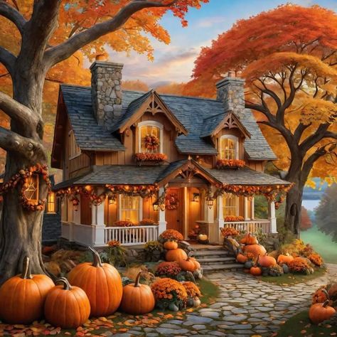 Cozy cottage, fall foliage, pumpkins, peaceful, serene. Autumn Cottage Exterior, Fall Houses, Antique Homes, St Patricks Day Pictures, Fall Scenes, Autumn Cottage, Autumn Blessings, Fall Cottage, Fall Artwork