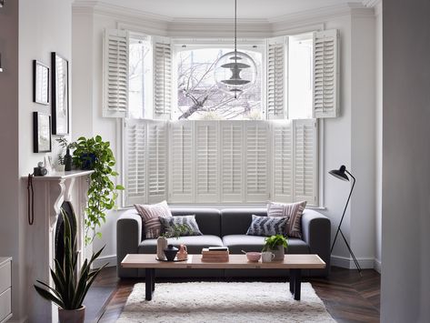 White Shutters Living Room, Living Room Shutters, Shutters Living Room, Cafe Style Shutters, Modern Shutters, Wooden Window Shutters, White Shutters, Wooden Shutters, Window Shutters