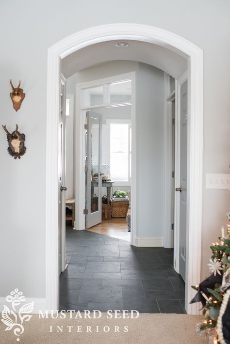 Blue Slate Tile, Archway Ideas, Hallway Remodel, Hallway Tiles, Fall Decor Home, Entryway Tile, Mudroom Flooring, Foyer Flooring, Entryway Flooring