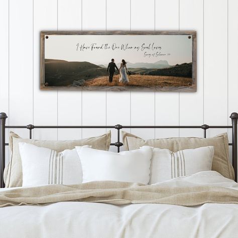 Custom Wedding Photo Art on Metal Print W/reclaimed Wood - Etsy UK Pictures Above Master Bed, Wedding Picture Above Bed, Above Bed Photos, Wedding Photos Over Bed, Wedding Photo Above Bed, Wedding Pictures Above Bed, Wedding Photos Above Bed, Above Bed Decor Master Farmhouse, Wedding Photo Decor Home