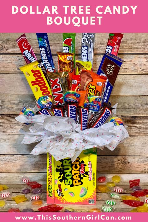 Make an awesome Dollar Tree candy bouquet with this easy tutorial! Candy Bouquet Diy Dollar Stores, Diy Candy Bouquet For Kids, Simple Candy Bouquet Diy, How To Make Candy Bar Bouquet, Sweet Bouquets Candy How To Make, Graduation Candy Bouquet, Candy Boquets, Candy Boquets Dollar Tree, Cheap Candy