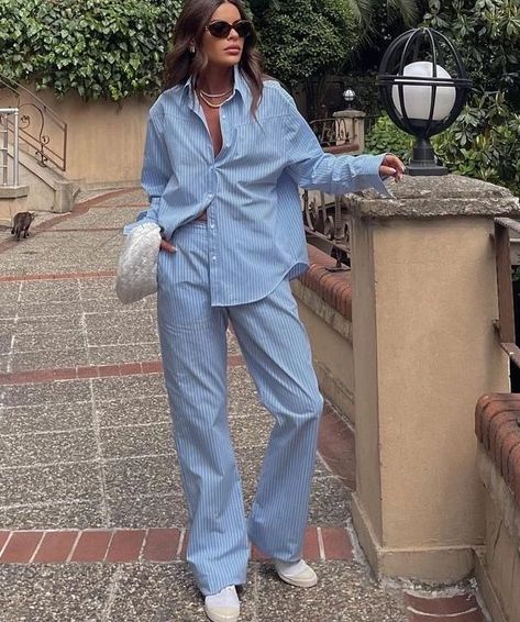 Florence M. Fashion Consultant | Lazy Sunday.💥💙 . . . #pajamas #pyjamas #styled #stylinginspo #stylingideas #stylinginspiration #styledaily #styledujour #lookdujour… | Instagram Pyjama Outfit, Sleepy Jones, Italian Summer Outfits, Striped Pant, European Summer Outfits, Fits Aesthetic, Vacay Outfits, Shirt Pant Set, Stripe Outfits