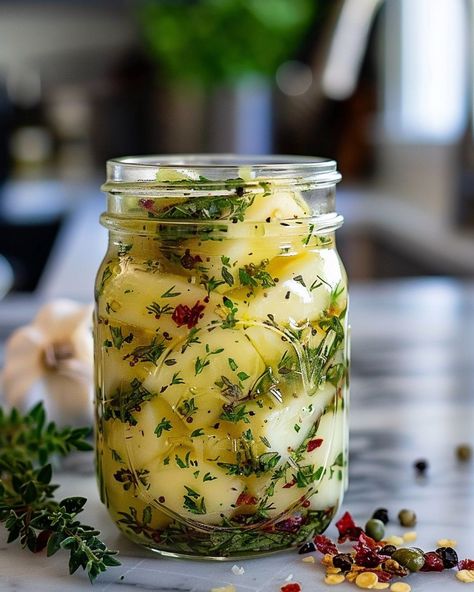 Marinated Cheese In Mason Jar Recipe, Herb And Garlic Marinated Cheese In A Mason Jar, Appetizer In A Jar, Marinated Cheese In A Mason Jar, Herb And Garlic Marinated Cheese, Marinated Charcuterie Jar, Marinated Potatoes In A Jar, Bariatric Appetizers Parties, Mason Jar Snack Ideas