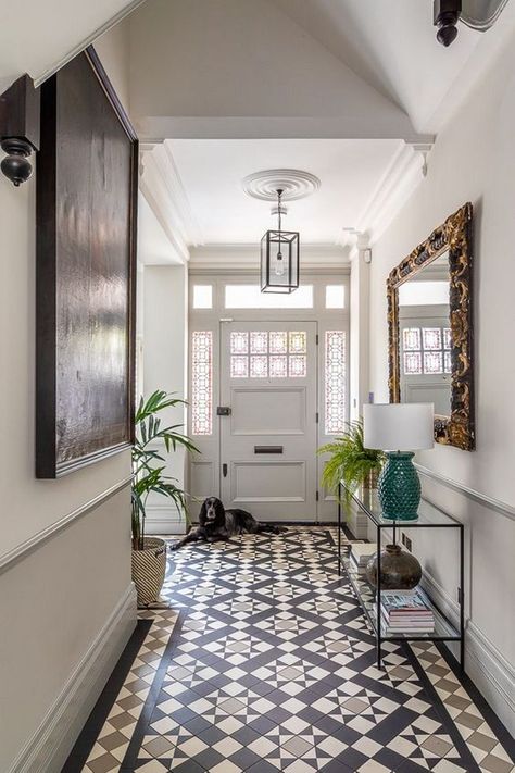 9 Pretty Passage Decor Ideas • One Brick At A Time Hallway Mosaic Floor Tiles, Victorian Hallway Tiles Entrance Halls, Mosaic Hallway Floor, Tiled Entryway Floor, Mosaic Hallway, Georgian Hallway, Hallway Tiles, Hallway Tiles Floor, Entrance Hall Decor