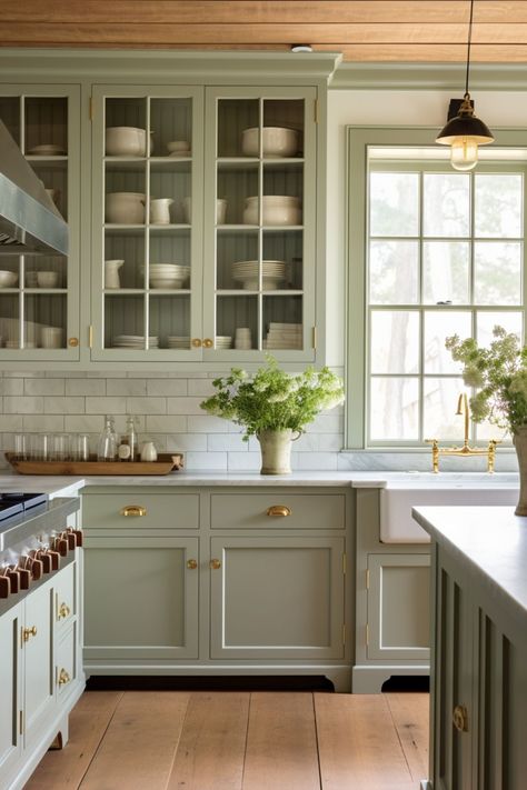 Sage green kitchen cabinets help breath freshness into the room and are extremely versatile #sagegreen #sagegreenkitchen #kitchenideas Cottagecore Kitchen Green, Wood Accents In Kitchen, Groovy Interiors, Kitchen 2025, Sage Kitchen, Sage Green Kitchen, Green Kitchen Cabinets, Green Cabinets, Kitchen Farmhouse