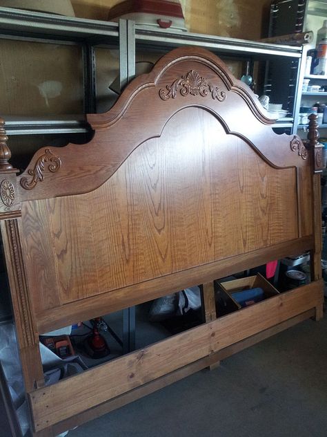 Headboard Makeover Diy, Converting Antique Full Size Bed To Queen, Wood Headboard Makeover, French Provincial Headboard Makeover, Painted Antique Headboard, Refinished Headboard, Long Bedroom, Ikea Floor Lamp, Painted Eastlake Bed