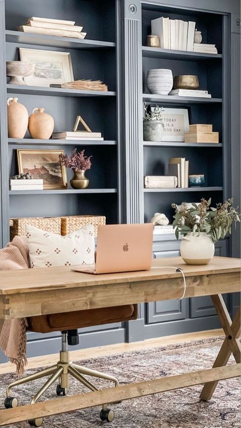 Office With Cream Desk, Blue Bookshelves With Wallpaper, Room And Board Office, Grey Home Office Ideas For Women, Anthro Inspired Office, Cabinet Desk Ideas, Library In Office, Office With Desk In Middle Of Room, Office With Bookshelves