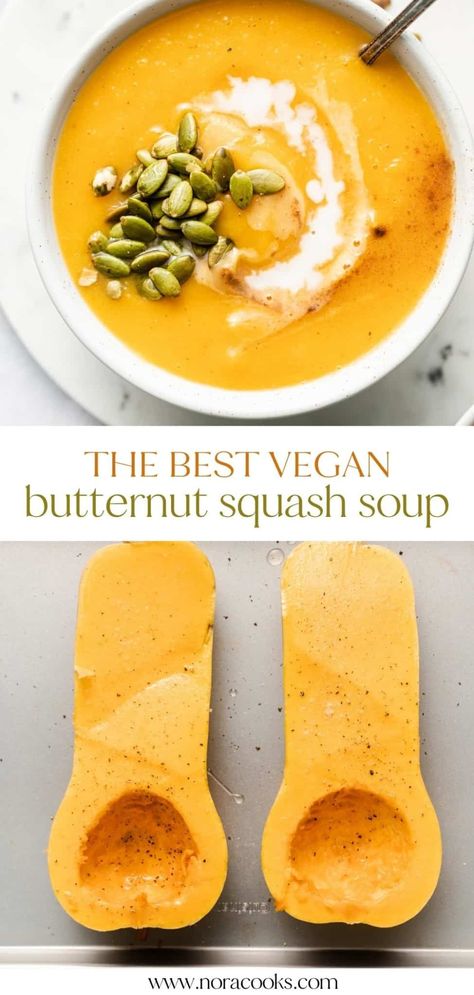 This rich and comforting Vegan Butternut Squash Soup is perfect for fall. Easy to make by blending roasted butternut squash with simple, warming ingredients, it’s a foolproof meal you won’t be able to get enough of. Plant Based Butternut Squash Soup, Butternut Squash Soup Whole 30, Butternut Soup Vegan, Butternut Squash Soup Vegetarian, Easy Vegan Butternut Squash Soup, Vegan Squash Soup Recipes, Butternut White Bean Soup, Simple Squash Soup, Vegan Butternut Soup