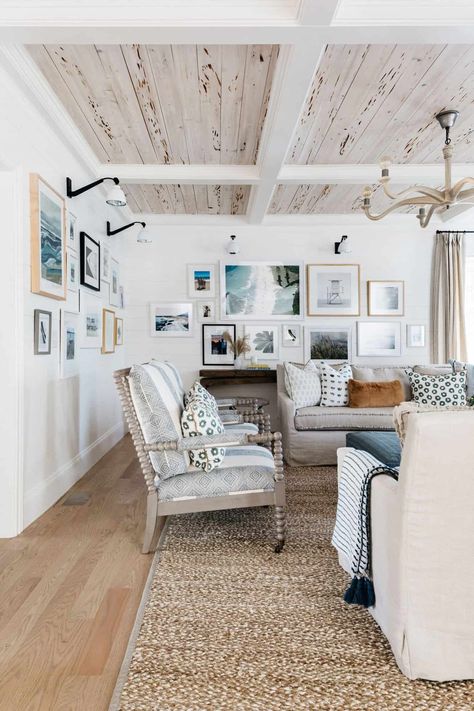 Step inside a fabulous New England style home with major coastal vibes New England Style Homes, Family Pictures On Wall, Pecky Cypress, Kate Marker Interiors, Cottage Living Rooms, Coastal Living Rooms, The Friday, New England Style, Coastal Living Room