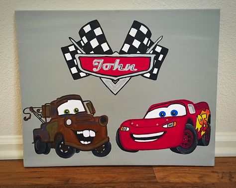 lightning mcqueen & mater Disney Cars Painting Canvas, Cars Painting Disney Easy, Lightening Mcqueen Painting, Race Car Painting Canvas Easy, Lighting Mcqueen Painting, Lightning Mcqueen Painting Canvas, Disney Cars Painting, Cars Painting Disney, Cars Canvas Painting