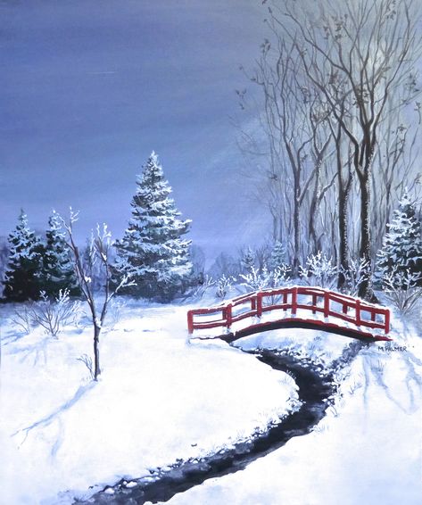 Winter Scenes Wonderland, Winter Scene Paintings, Winter Artwork, Acrylic Paintings On Canvas, Bridge Painting, Winter Landscape Painting, Christmas Paintings On Canvas, Canvas Diy, Painting Snow