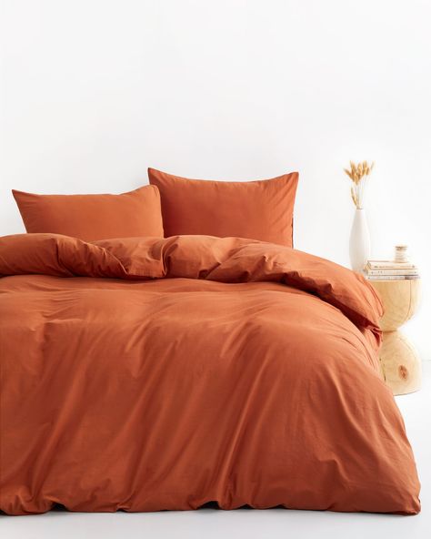 100% Washed Cotton Set includes: 1 duvet cover and 2 pillowcases Zipper closure, easy to insert and remove the duvet insert 4 corner ties to keep your duvet insert in place Rust Bedspread Bedroom, Rust Comforter Bedroom, Orange Comforter Bedroom, Grey And Rust Bedroom Ideas, Orange Themed Room, Orange Bed Spread, Rust Orange Bedroom, Orange Themed Bedroom, Rust Colored Bedroom