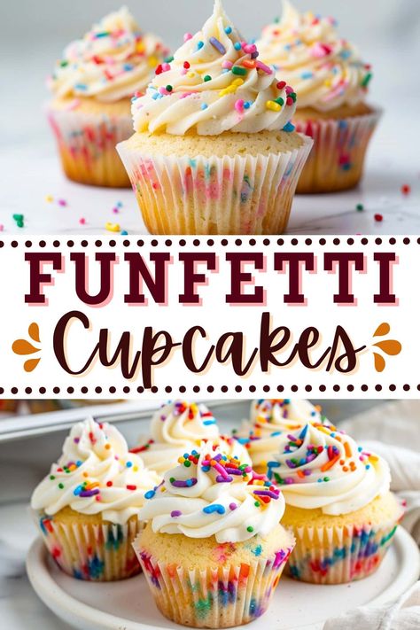 Homemade Funfetti Cupcakes with Buttercream Frosting Funfetti Cupcake Recipe Homemade, Birthday Cake Batter Cupcakes, Confetti Cupcakes Homemade, Fun Fetti Cupcakes, Easy Cupcakes Recipes, Easy Cupcake Frosting, Homemade Funfetti Cupcakes, Funfetti Cupcake Recipe, Cupcakes With Buttercream Frosting