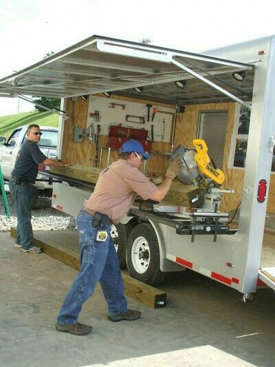 Hmm...... Workshop Trailer, Trailer Organization, Work Trailer, Mobile Workshop, Trailer Storage, Custom Trailers, Trailer Build, Workshop Organization, Garage Shop