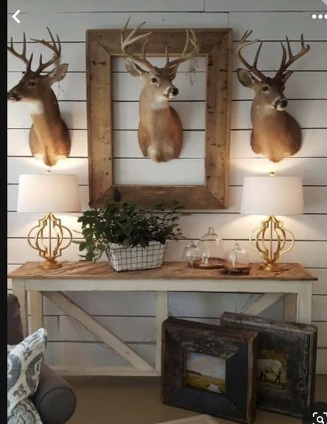 Hunting Cabin Living Room, Deer Mounts In Living Room, Hunting Decor Living Room, Deer Mount Decor, Antler Diy, Lake House Interior Design, Hunting Theme, Hunting Themes, Camp House