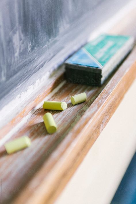 Chalk and Eraser at Chalkboard | Stocksy United by Raymond Forbes Photography #stockphoto #chalk #eraser #chalkboard #school #classroom #blackboard #oldschool #vintage #yellow Teacher In Classroom Photography, Cool Teacher Aesthetic, Blackboard Aesthetic, Italian School Aesthetic, Eraser Aesthetic, Bells Aesthetic, Elementary School Teacher Aesthetic, School Aesthetic Classroom, Kindergarten Teacher Aesthetic