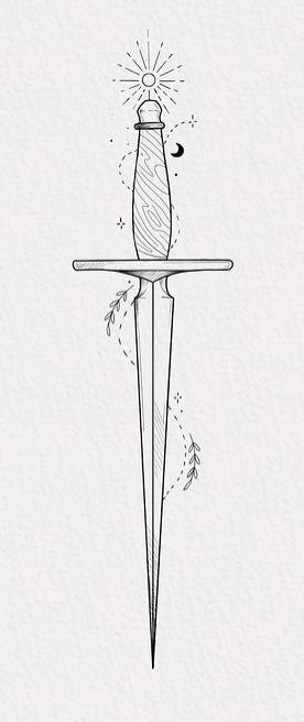 Fine Line Knife Tattoo, Fine Line Dagger Tattoo, Simple Dagger Tattoo, Dagger Tattoos, Bookish Tattoos, Arm Tats, Knife Tattoo, Dagger Tattoo, Calf Tattoo