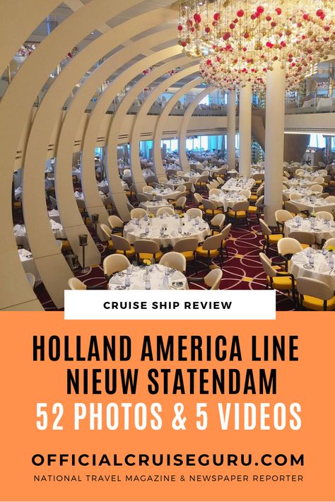 Holland America Line Nieuw Statendam Cruise Ship Review with 52 photos and 5 videos: Holland America Nieuw Statendam is a classic case of how you shouldn’t judge a new cruise ship (or book) by its cover. While Statendam is conservative on the outside with its boxy aft and dark blue hull, the new Pinnacle-class ship is unexpectedly glamorous and fun on the inside.The cruise ship decor features the cruise line’s renowned classic elegance of navy, beige and warm woods. Holland America Line Cruise Ships, Holland America Cruise Tips, Norway Cruise, Princess Cruise Ships, Cruise Europe, Holland America Line, Ship Decor, Orange Party, Princess Cruise