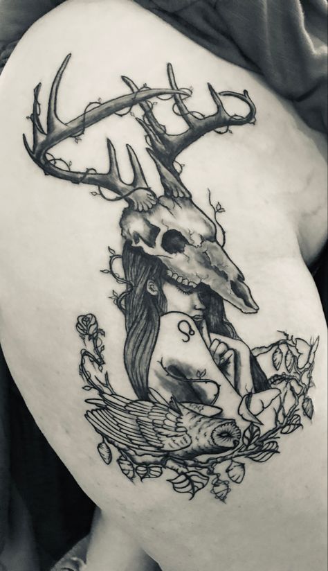 Deer Lady Tattoo, Feminine Deer Skull Tattoo, Deer Spirit Animal Tattoo, Deer Woman Tattoo, Deer Skull Tattoos For Women, Cocoon Tattoo, Black Female Warrior, Skull Female, Deer Skull Drawing