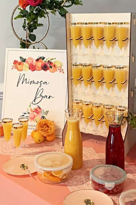 Mimosa Bar Table Set Up, Mimosa Bar Set Up, How To Build A Champagne Wall, Bridal Shower Mimosa Bar Ideas, Birthday Brunch Party Decorations, Dyi Bar, Mimosa Wall, Champagne Station, Lula Party