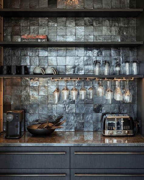 Pamela Moell Stiltje | Cheers 🥂 . From @trinityinteriors_ captured by @simon_devitt | Instagram Black Bar Backsplash, Zellige Tile Bar Backsplash, All Black Wet Bar, Black Zellige Tile Kitchen, Tiled Wet Bar, Wet Bar Black Cabinets, Basement Bar Tile Backsplash, Black Backsplash Bar, Moody Bar Area