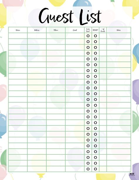 Choose from 12 different guest list templates to track invites sent and RSVPs for your upcoming event. All pages can be printed from home. 100% FREE! Guest List Template, Guest List, Upcoming Events, Party Event, From Home, Free Printables, Track, Quick Saves