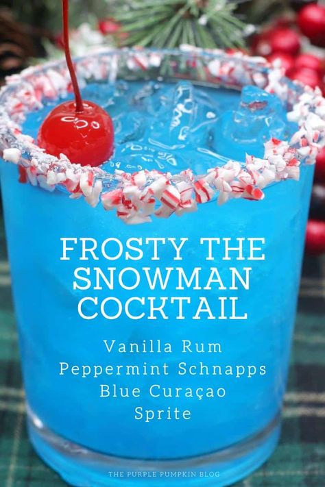 This Peppermint Schnapps Cocktail called Frosty the Snowman is a delicious holiday drink that is sure to delight all who sip it! The combination of vanilla rum, blue curaçao, and peppermint schnapps is a taste sensation and the crushed candy-cane glass rim is a real festive treat! Peppermint Schnapps, Xmas Drinks, Christmas Drinks Alcohol Recipes, Christmas Drinks Recipes, Christmas Drinks Alcohol, Vanilla Rum, Mixed Drinks Alcohol, Yummy Alcoholic Drinks, Brunch Drinks